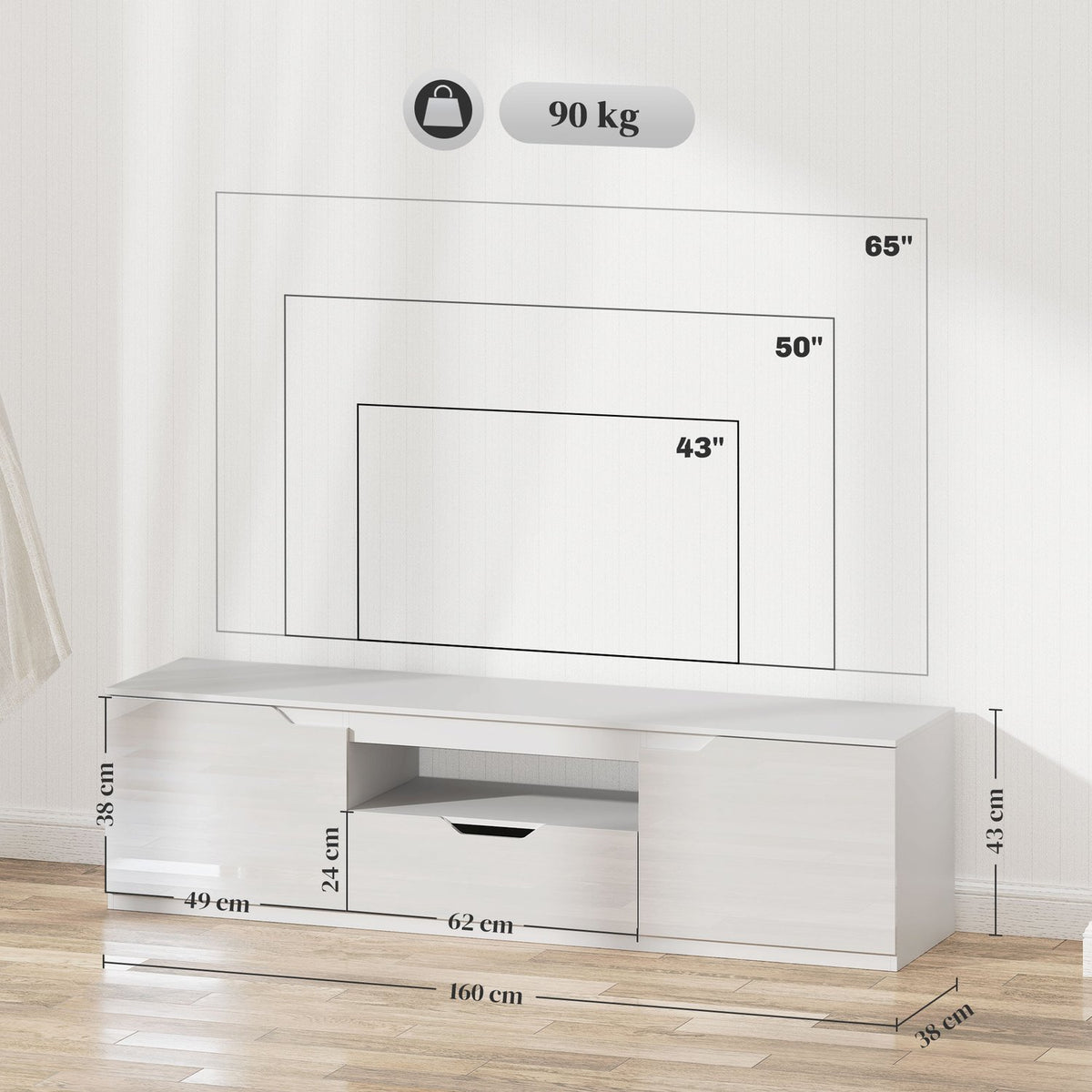 TV cabinet lowboard with 2 doors, drawer, 160 cm long TV stand for TVs up to 65 inches, TV board with cable management for living room, white