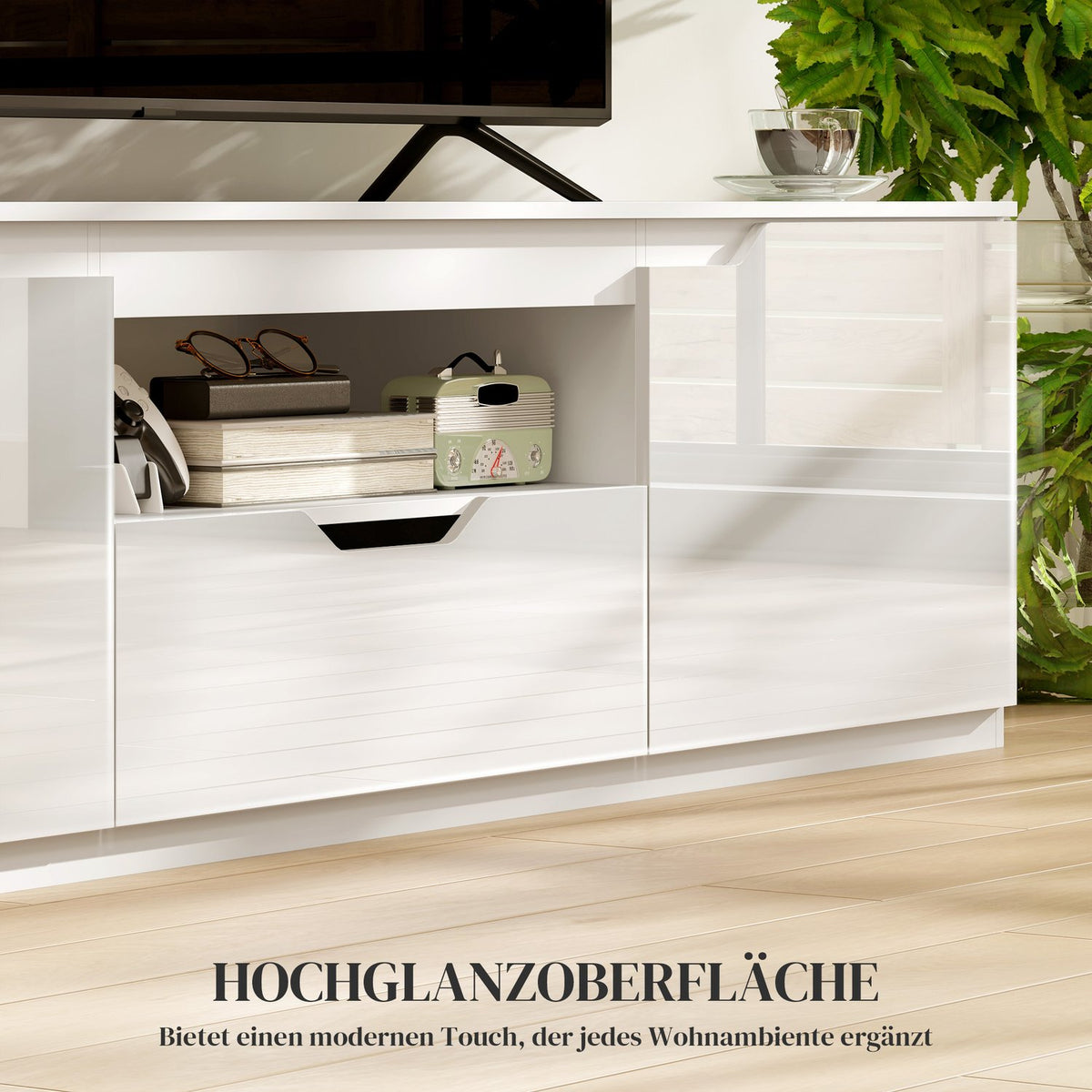 TV cabinet lowboard with 2 doors, drawer, 160 cm long TV stand for TVs up to 65 inches, TV board with cable management for living room, white