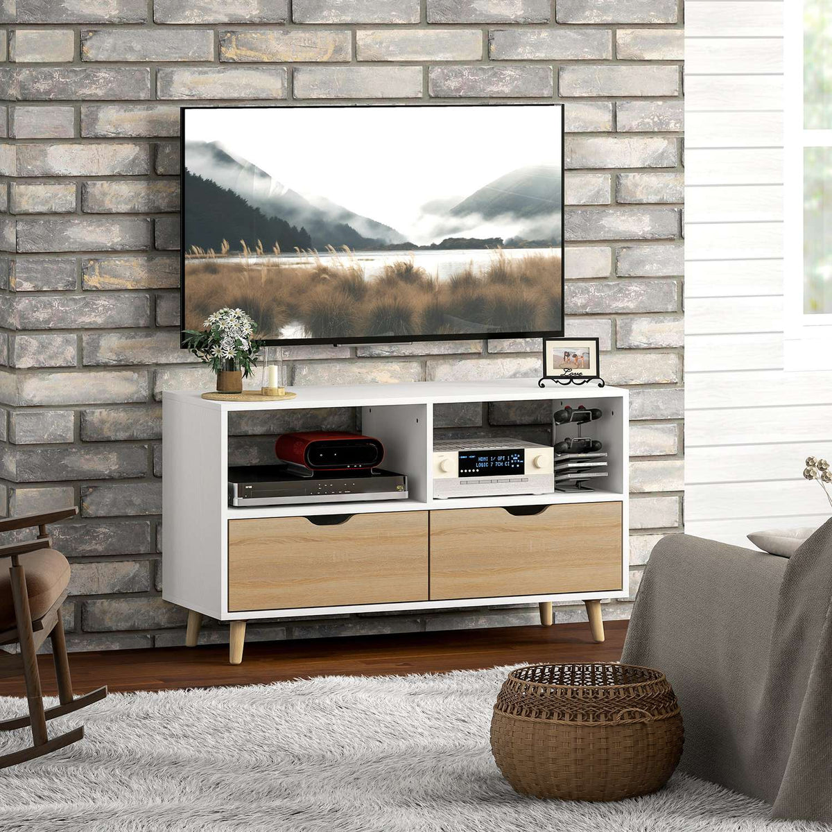 TV cabinet lowboard with 2 shelves, drawer, 99 cm long TV table for television, TV board for living room, white