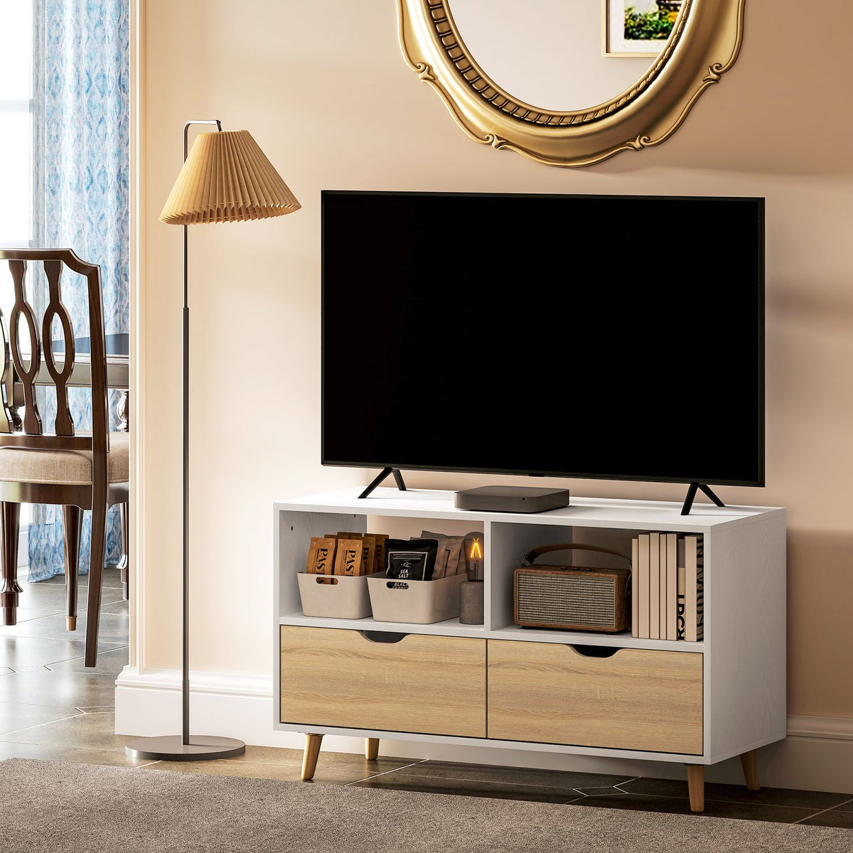 TV cabinet lowboard with 2 shelves, drawer, 99 cm long TV table for television, TV board for living room, white