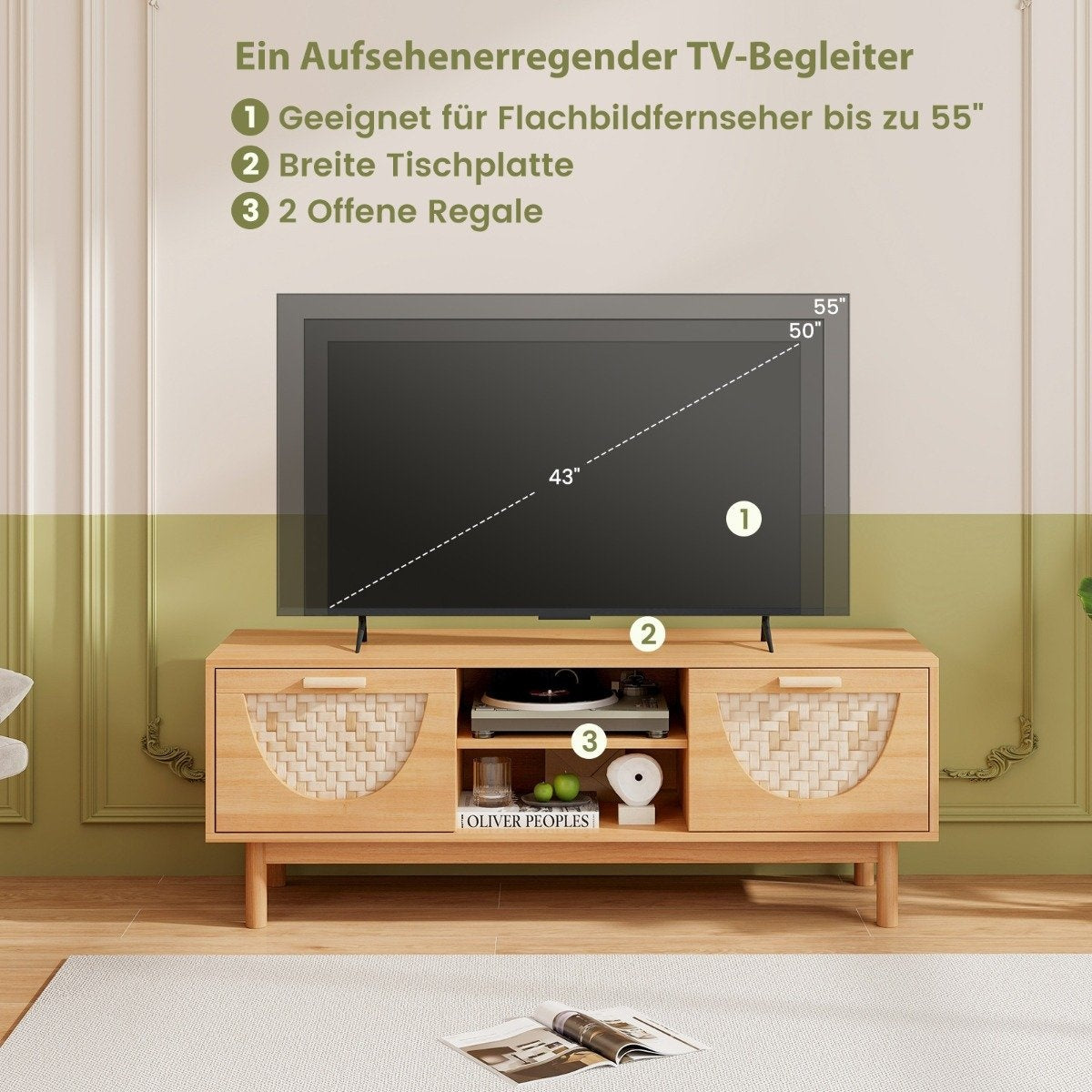 TV cabinet with 2 drawers & open shelves for TVs up to 55 inch TV lowboard TV cabinet