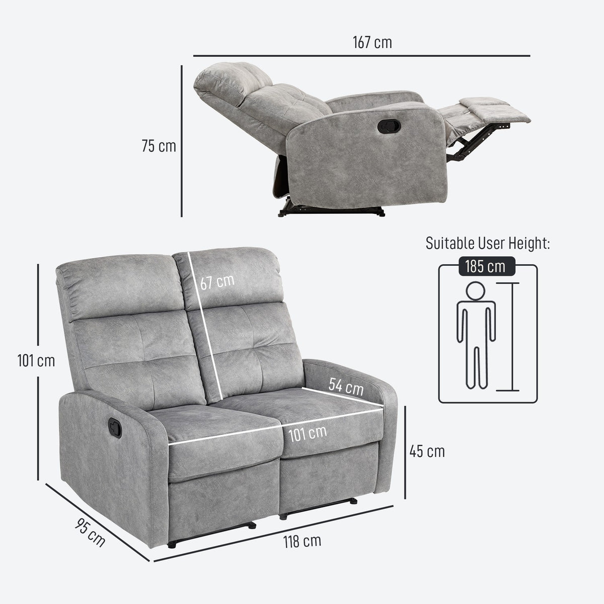 TV chair, relaxation chair with reclining function, 2-seater sofa, TV chair with pocket spring core, two-seater cinema chair with footrest for living room, bedroom, gray