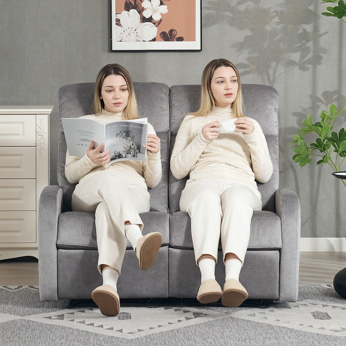 TV chair, relaxation chair with reclining function, 2-seater sofa, TV chair with pocket spring core, two-seater cinema chair with footrest for living room, bedroom, gray