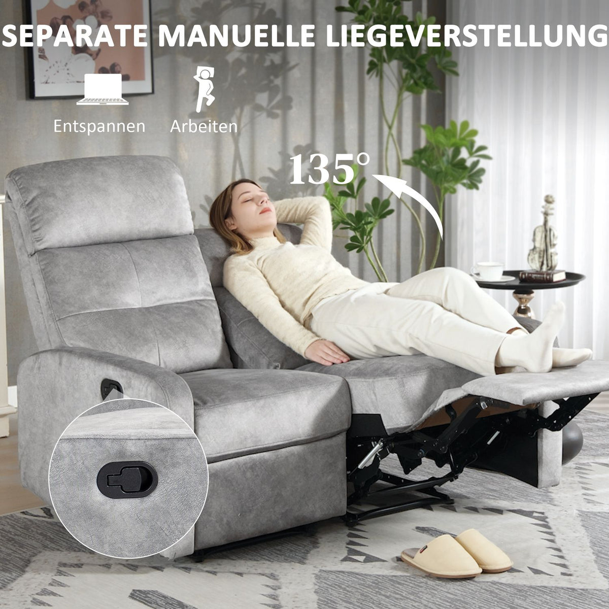 TV chair, relaxation chair with reclining function, 2-seater sofa, TV chair with pocket spring core, two-seater cinema chair with footrest for living room, bedroom, gray