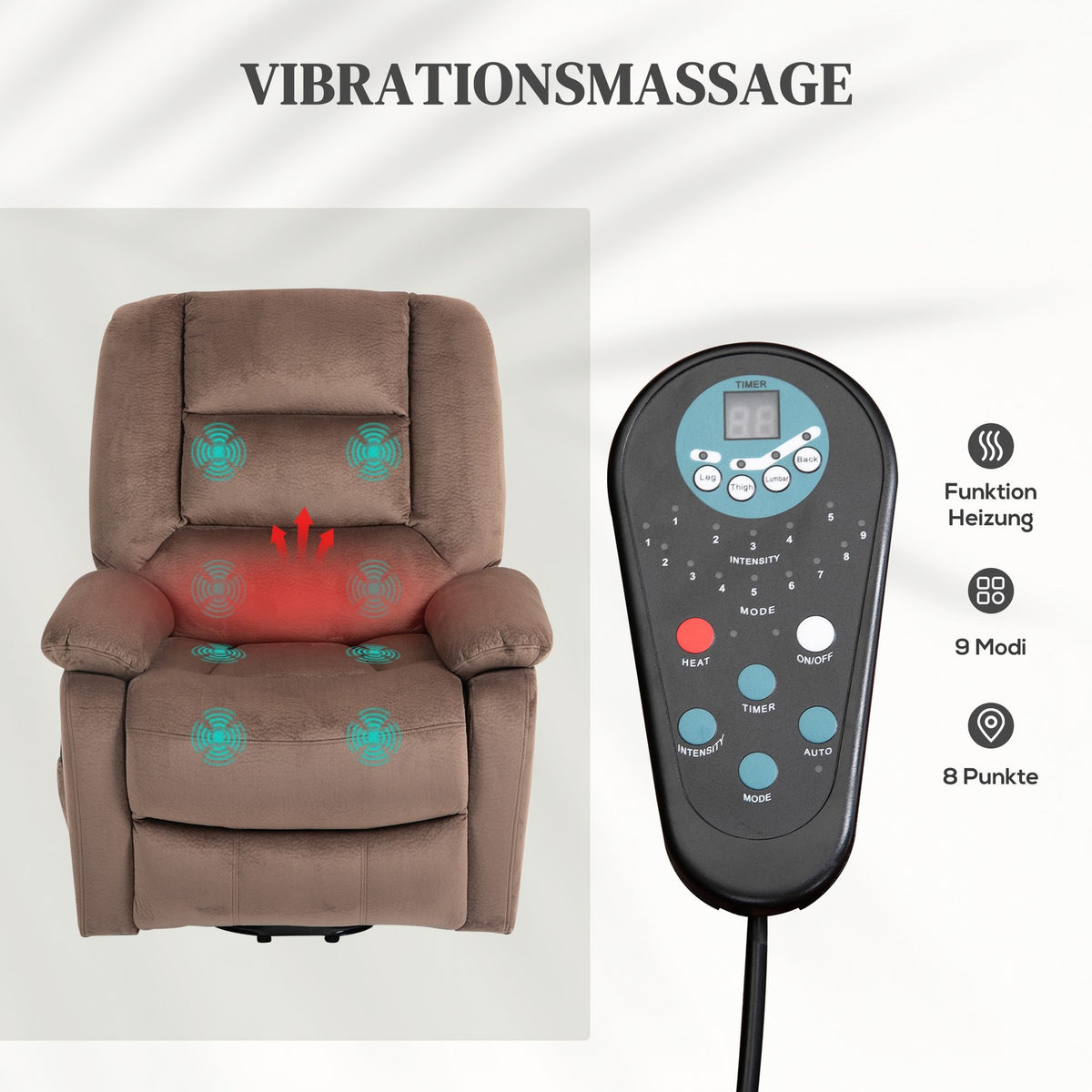 TV chair with stand-up aid, electric relaxation chair, with massage function, reclining function, heat function, polyester, 90x93x110cm
