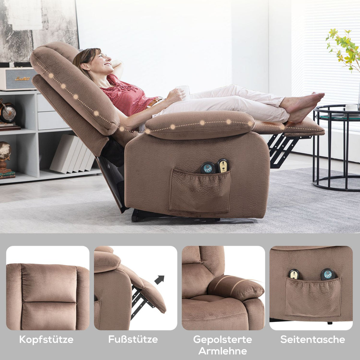 TV chair with stand-up aid, electric relaxation chair, with massage function, reclining function, heat function, polyester, 90x93x110cm
