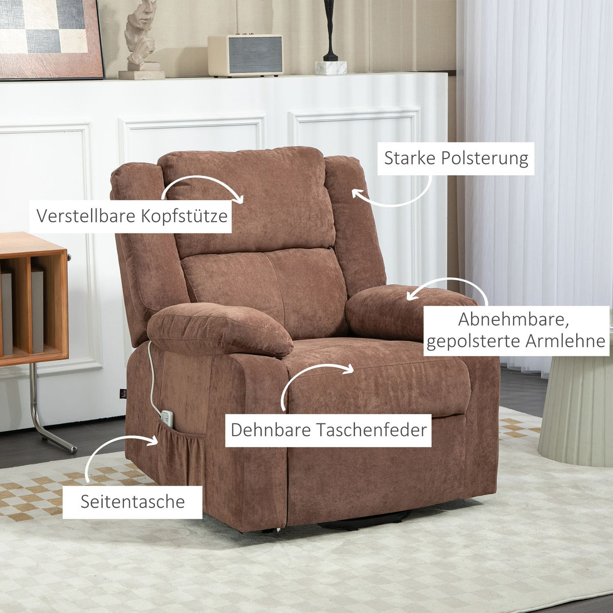 TV chair with stand-up aid, electric relaxation chair with reclining function, 3 motors, TV chair with pocket spring, weightlessness, side pocket and remote control, light brown
