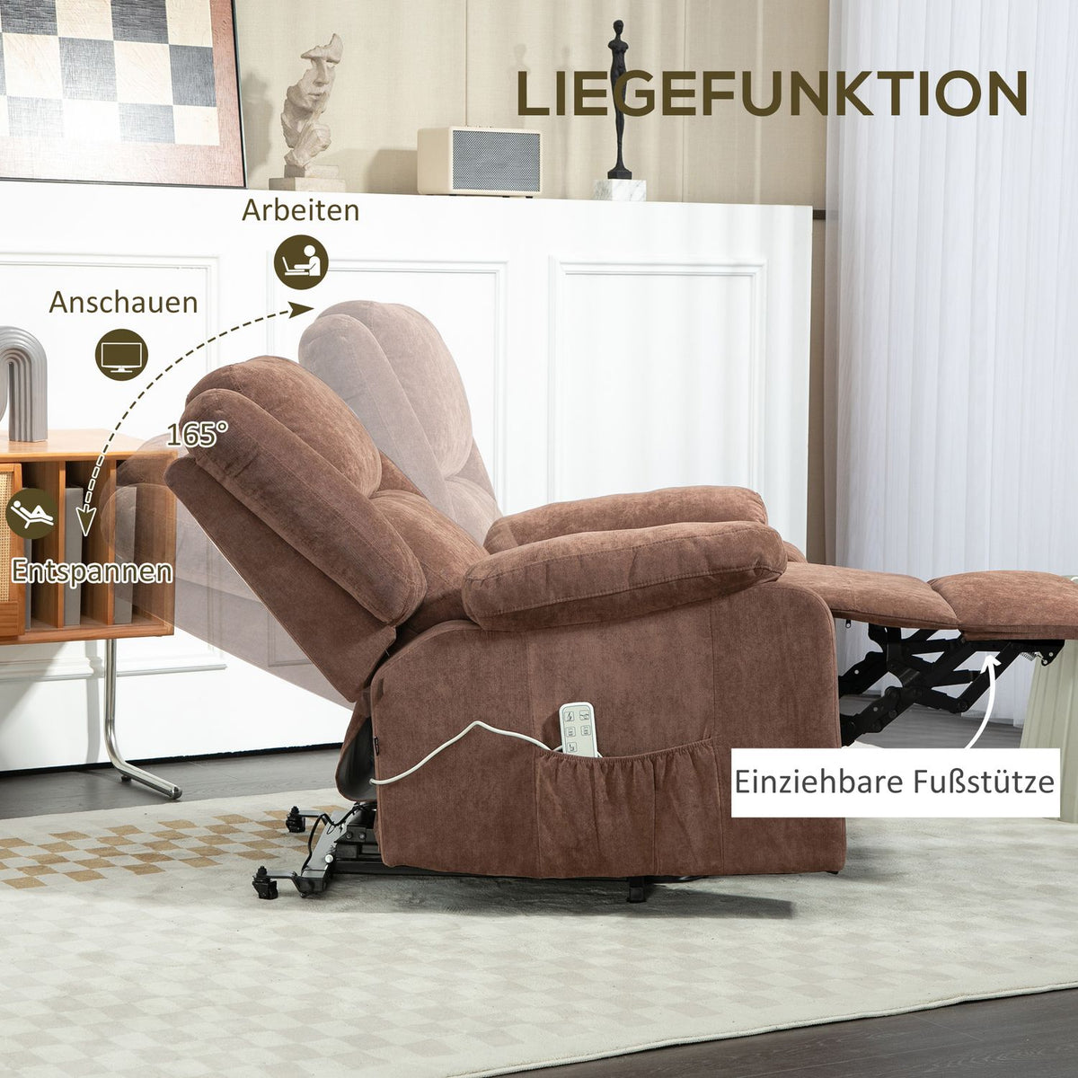 TV chair with stand-up aid, electric relaxation chair with reclining function, 3 motors, TV chair with pocket spring, weightlessness, side pocket and remote control, light brown