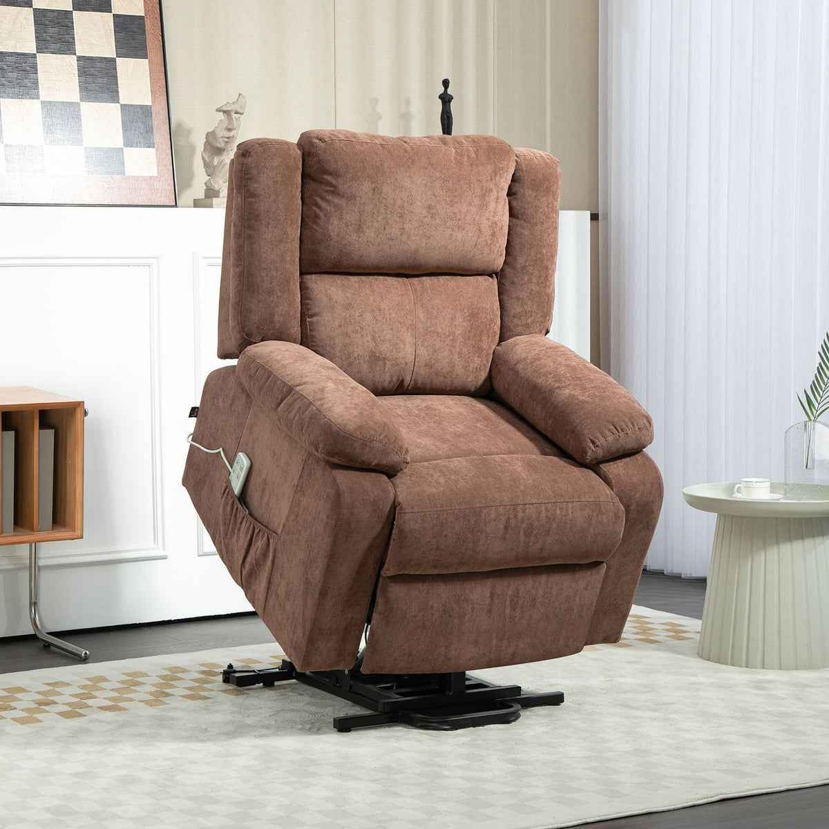 TV chair with stand-up aid, electric relaxation chair with reclining function, 3 motors, TV chair with pocket spring, weightlessness, side pocket and remote control, light brown