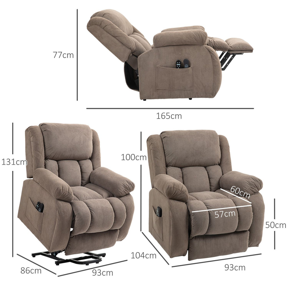 TV chair with stand-up aid, electric relaxation chair with reclining function, massage function, TV chair with heating function, pocket spring core, remote control and side pocket, light brown