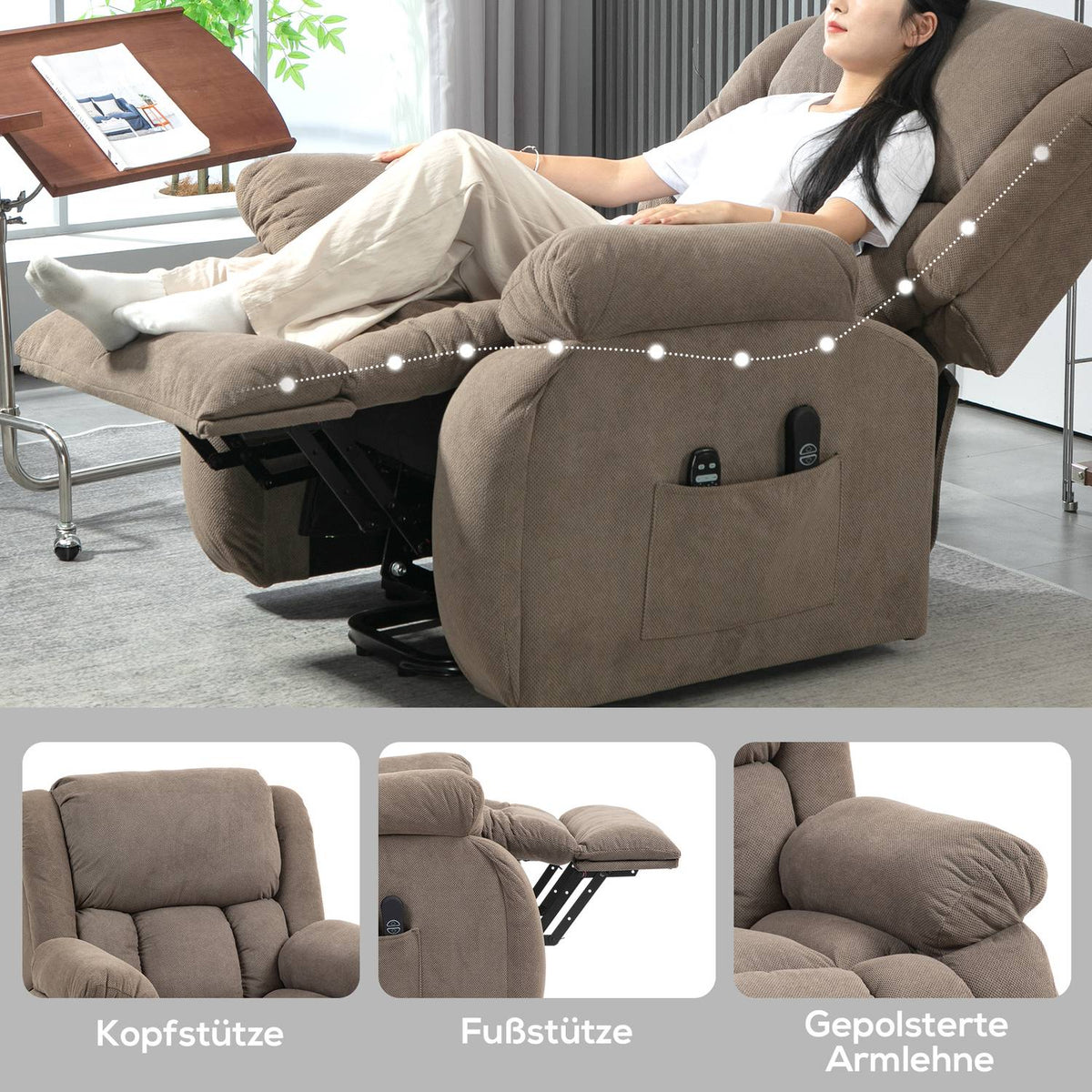 TV chair with stand-up aid, electric relaxation chair with reclining function, massage function, TV chair with heating function, pocket spring core, remote control and side pocket, light brown