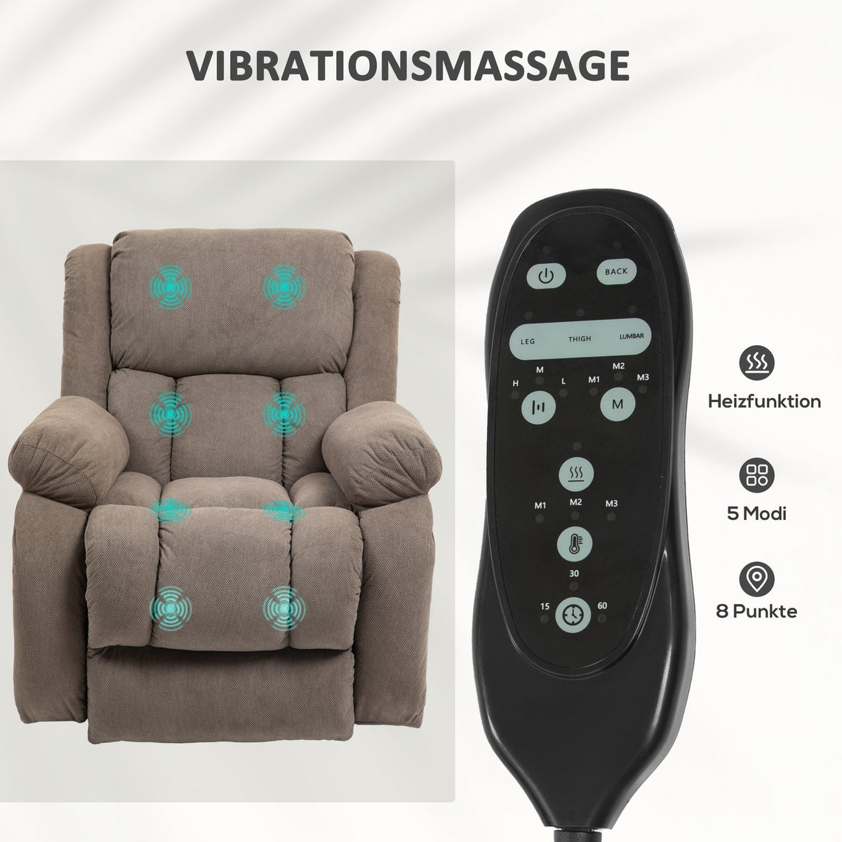 TV chair with stand-up aid, electric relaxation chair with reclining function, massage function, TV chair with heating function, pocket spring core, remote control and side pocket, light brown
