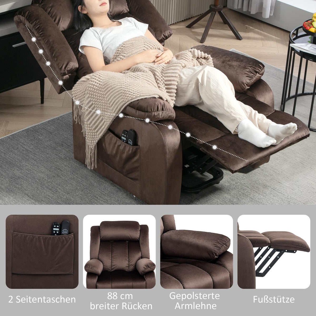 TV chair with stand-up aid, electric relaxation chair with reclining function, vibration massage, heating function, TV chair with pocket spring core, side pocket and remote control, brown