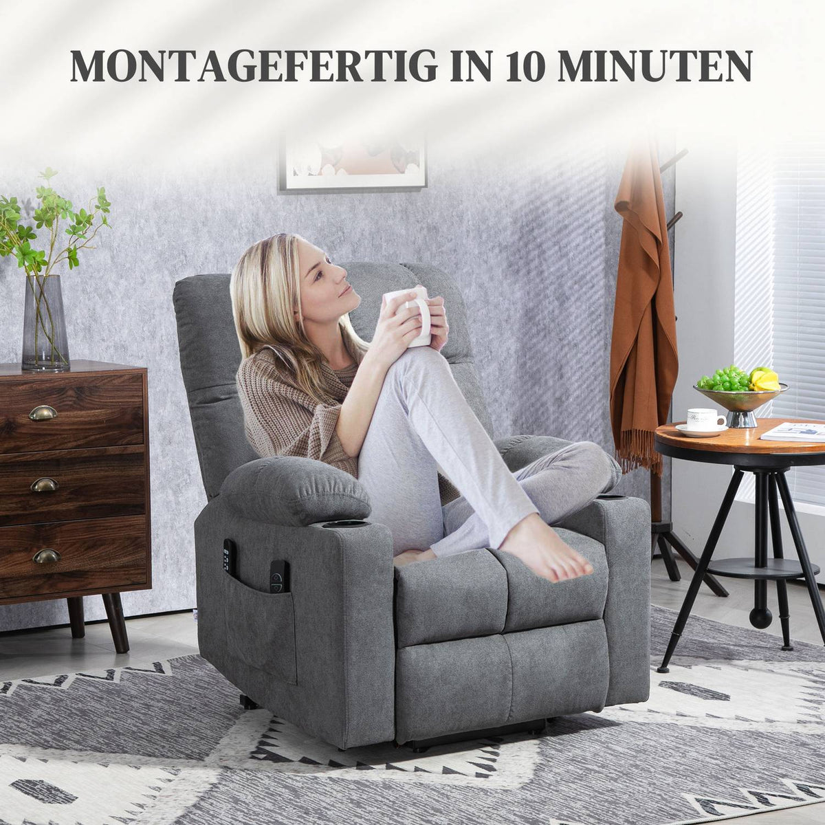 TV chair with stand-up aid, height adjustable, 135° tilt, with 3 modes, 8 massage points, remote control, 144 x 91 x 88 cm, gray
