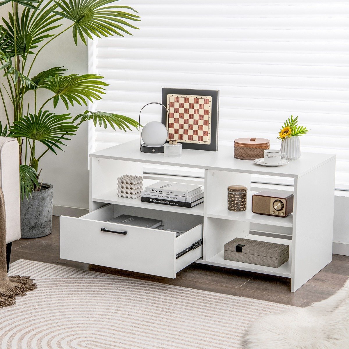 TV stand TV cabinet for television with open compartments and drawer 104.5 x 51.5 x 52 cm white