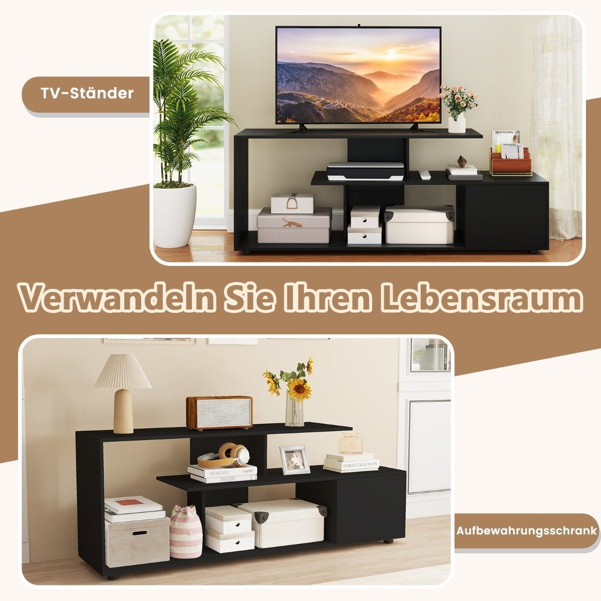 TV stand for TVs up to 55 inches with shelves & Cabinet TV cabinet lowboard black