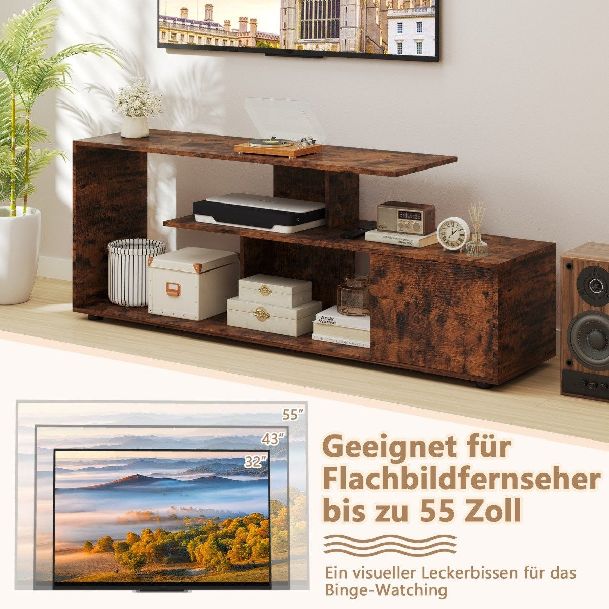 TV stand for TVs up to 55 inches with shelves & Cabinet TV cabinet lowboard brown