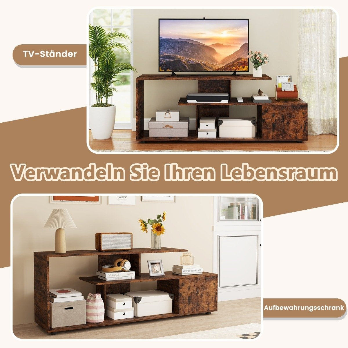 TV stand for TVs up to 55 inches with shelves & Cabinet TV cabinet lowboard brown