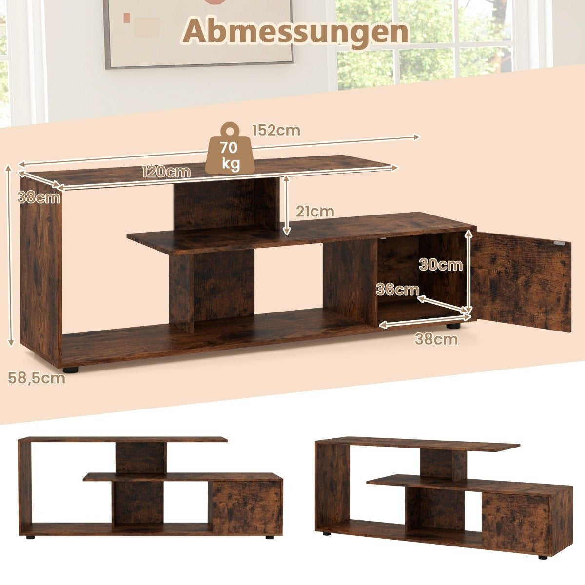 TV stand for TVs up to 55 inches with shelves & Cabinet TV cabinet lowboard brown