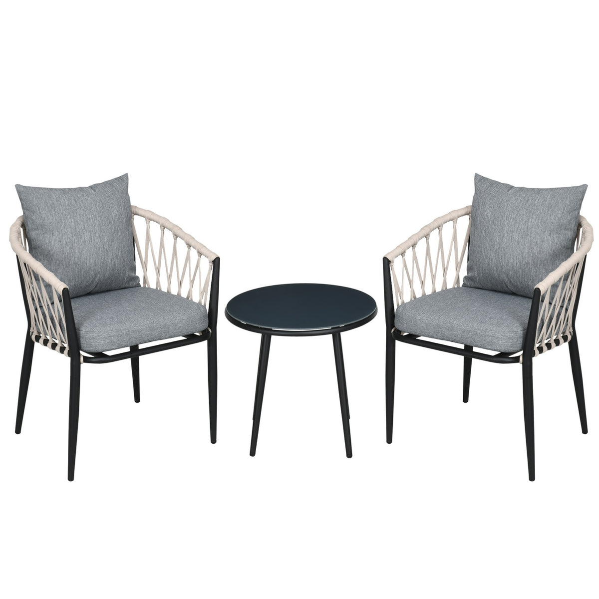 Table, 2 Chairs With Seat Cushions, Balcony Set, Steel, Gray