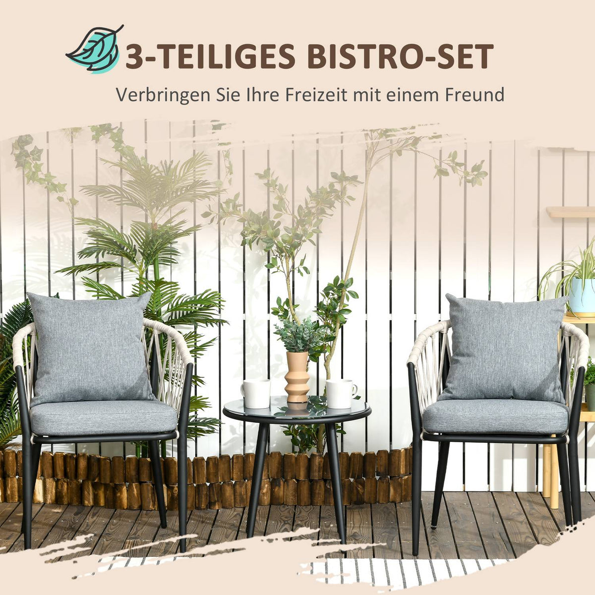 Table, 2 Chairs With Seat Cushions, Balcony Set, Steel, Gray