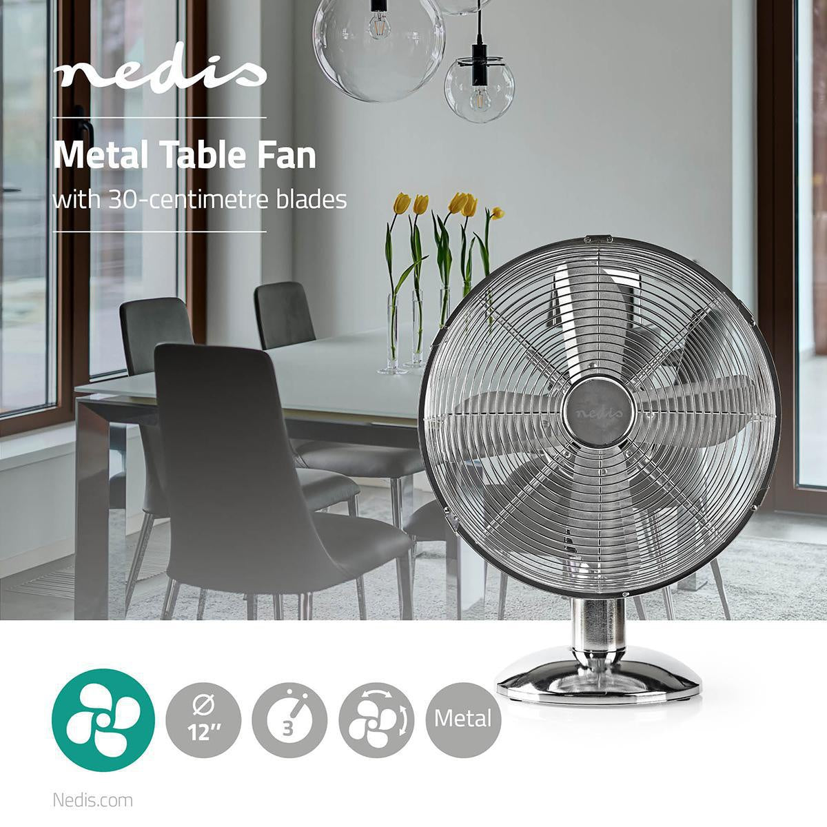 Table Fan | Mains Powered | Diameter: 300 mm | 35 W | Oscillation | 3-Speed | Chrome