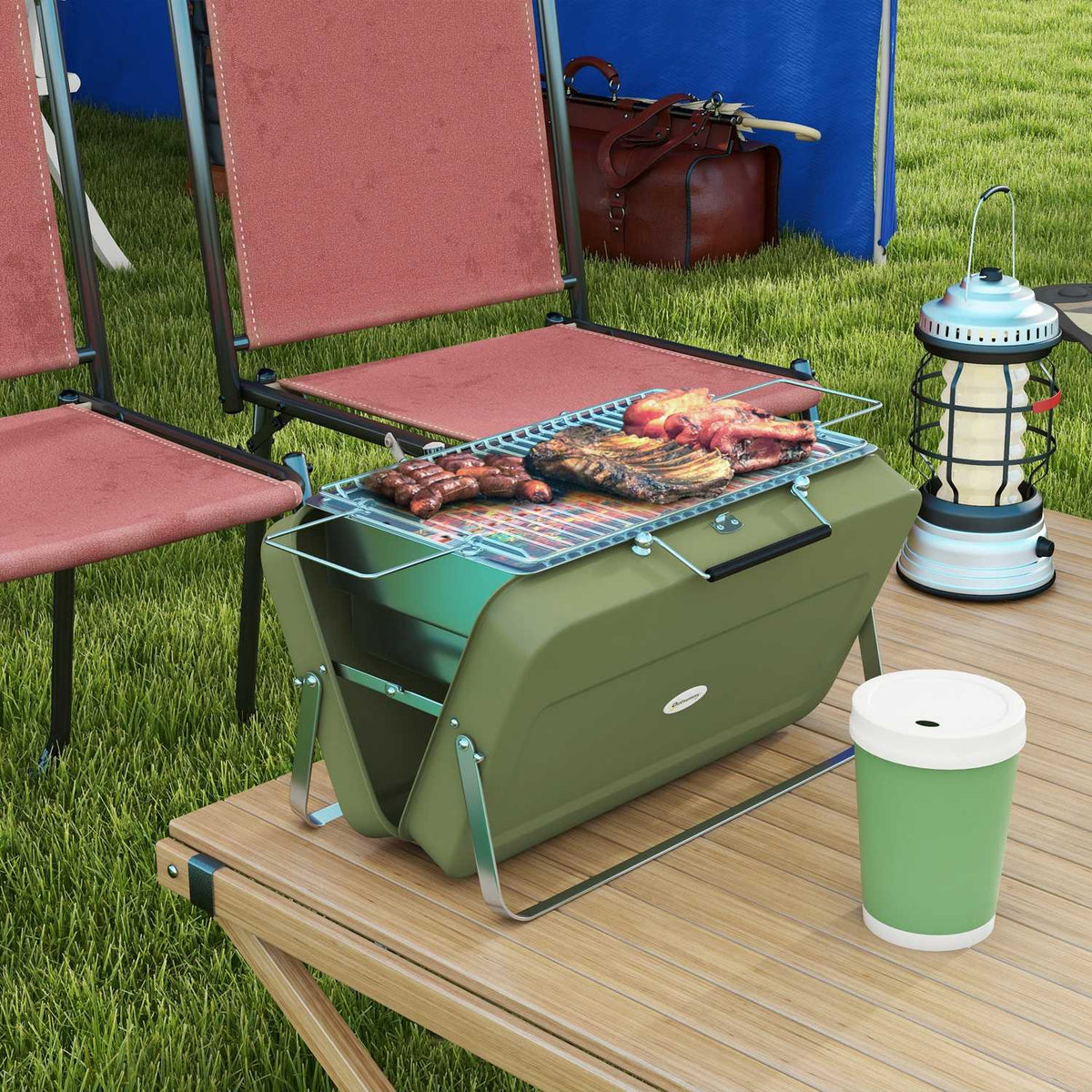 Table Grill, Charcoal Grill With Charcoal Tray, Grill Rack, Handle, Picnic, Garden, Stainless Steel, Green