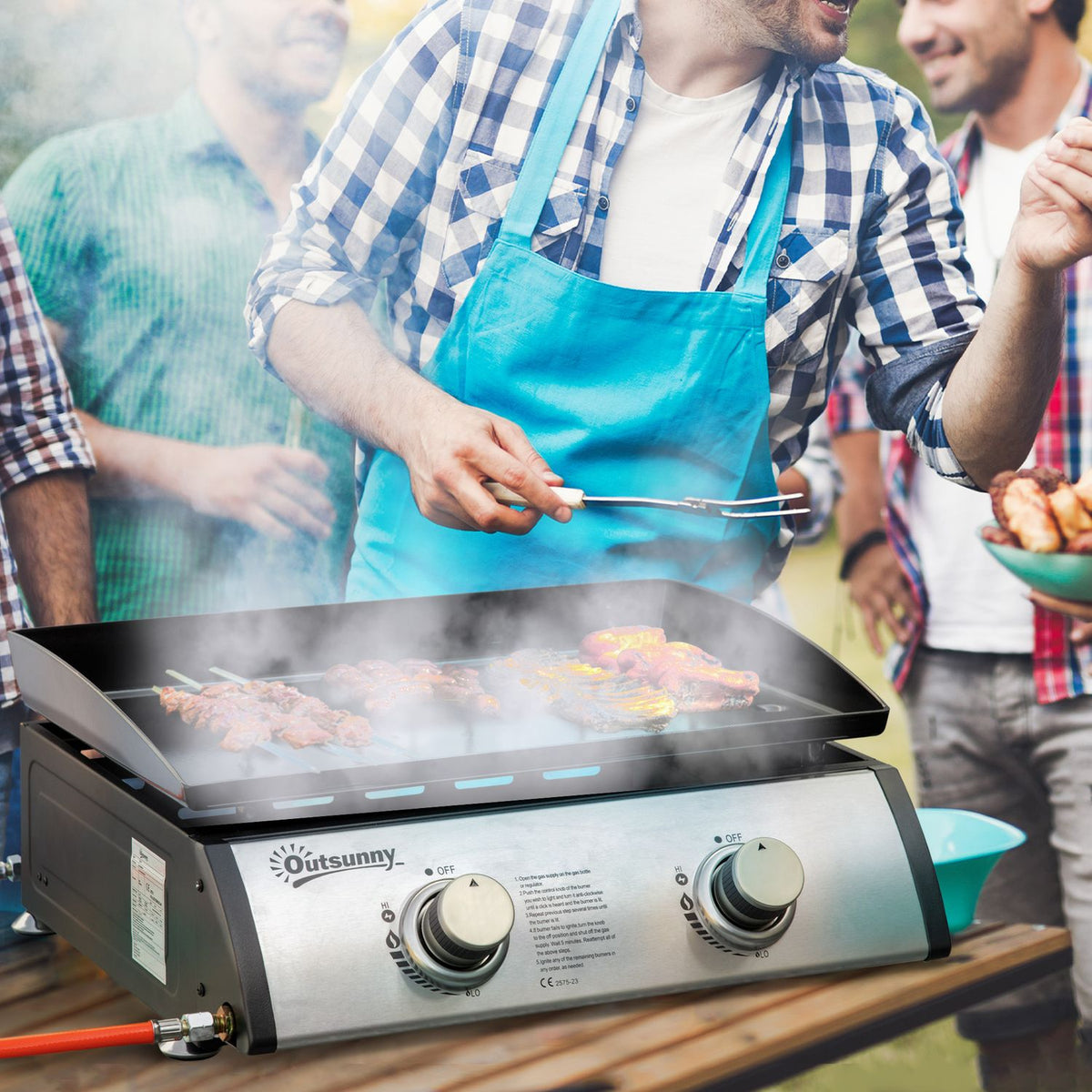 Table Grill Gas Grill Bbq With 2 Burners, Table Gas Grill With Hose, Non-Stick Grill Plate, Camping Grill, Stainless Steel + Metal, Silver