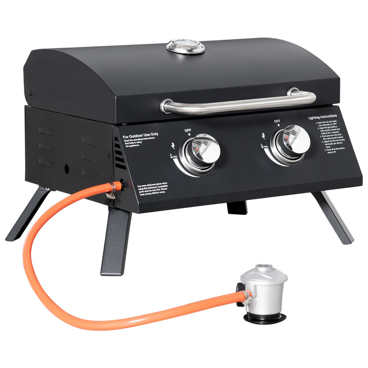 Table Grill Mobile Gas Grill Bbq With 2 Burners, Grill Net, Outdoor, Stainless Steel, Black, 55X46.5X41Cm, Small, Picnic