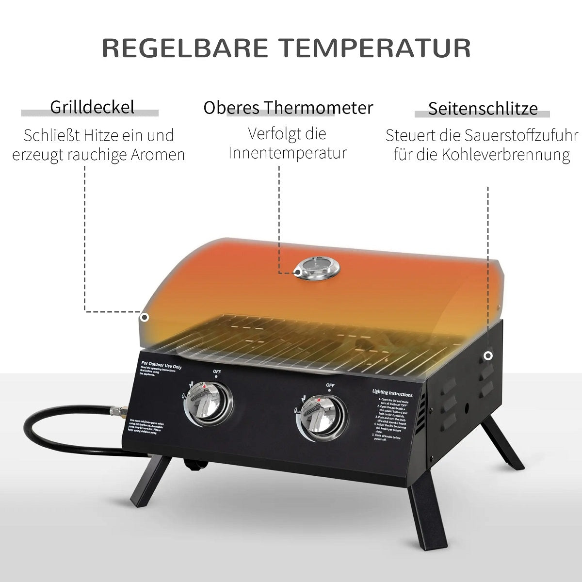 Table Grill Mobile Gas Grill Bbq With 2 Burners, Grill Net, Outdoor, Stainless Steel, Black, 55X46.5X41Cm, Small, Picnic