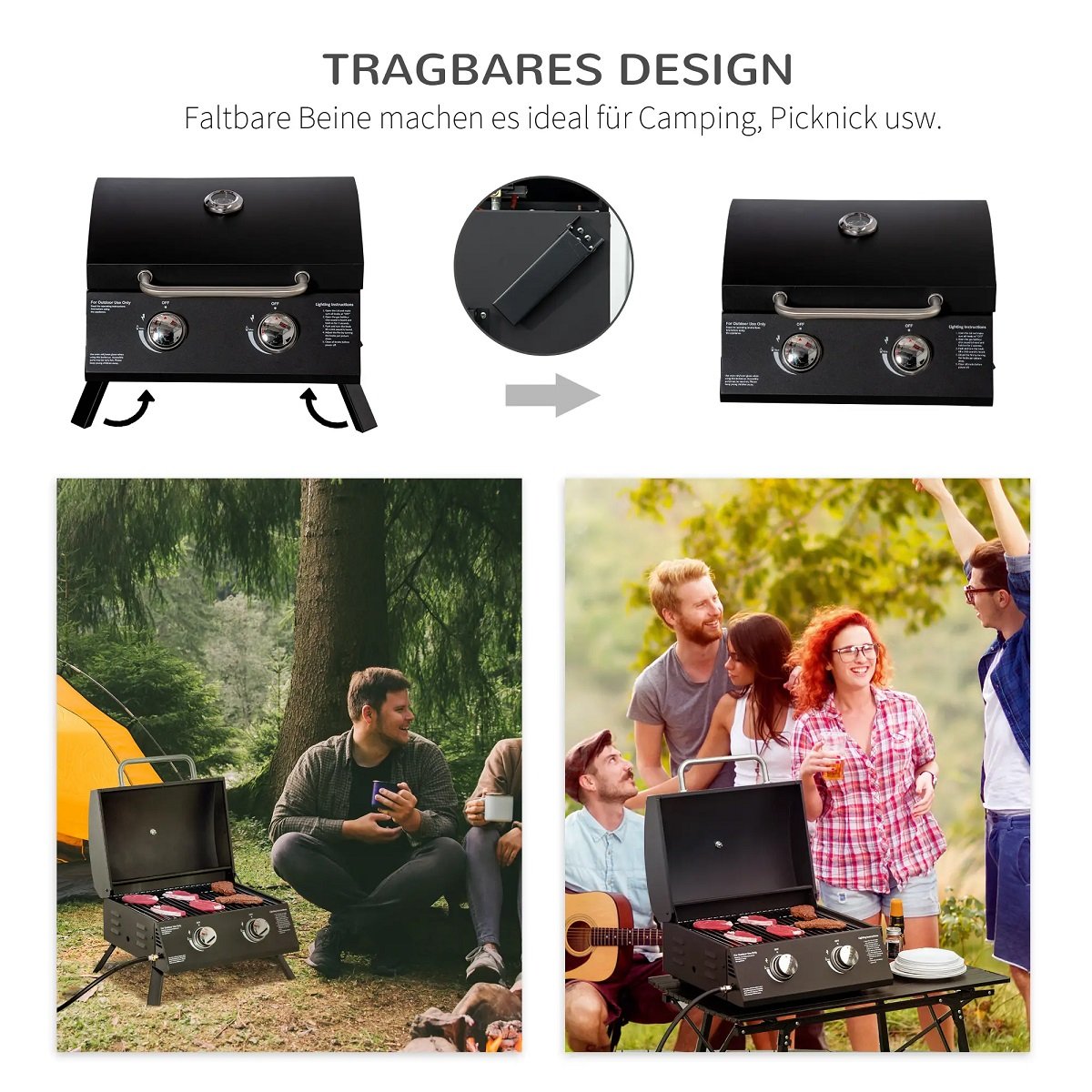Table Grill Mobile Gas Grill Bbq With 2 Burners, Grill Net, Outdoor, Stainless Steel, Black, 55X46.5X41Cm, Small, Picnic