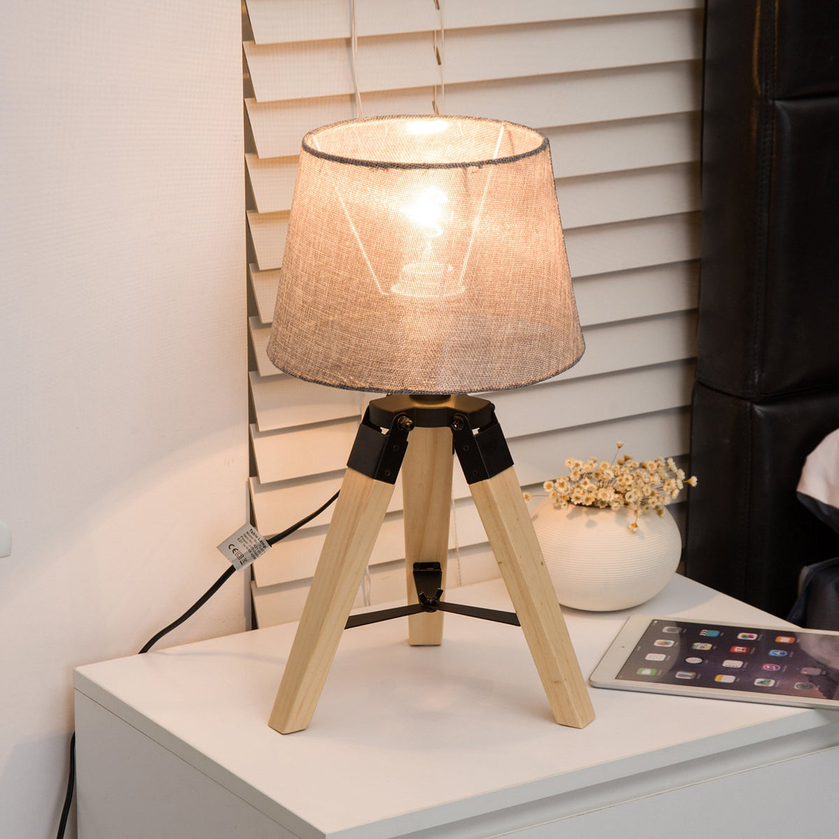 Table Lamp Bedside Lamp In Linen Look, E27, Pine & Polyester, Gray, 24X24X45Cm