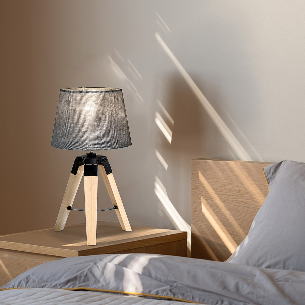 Table Lamp Bedside Lamp In Linen Look, E27, Pine & Polyester, Gray, 24X24X45Cm