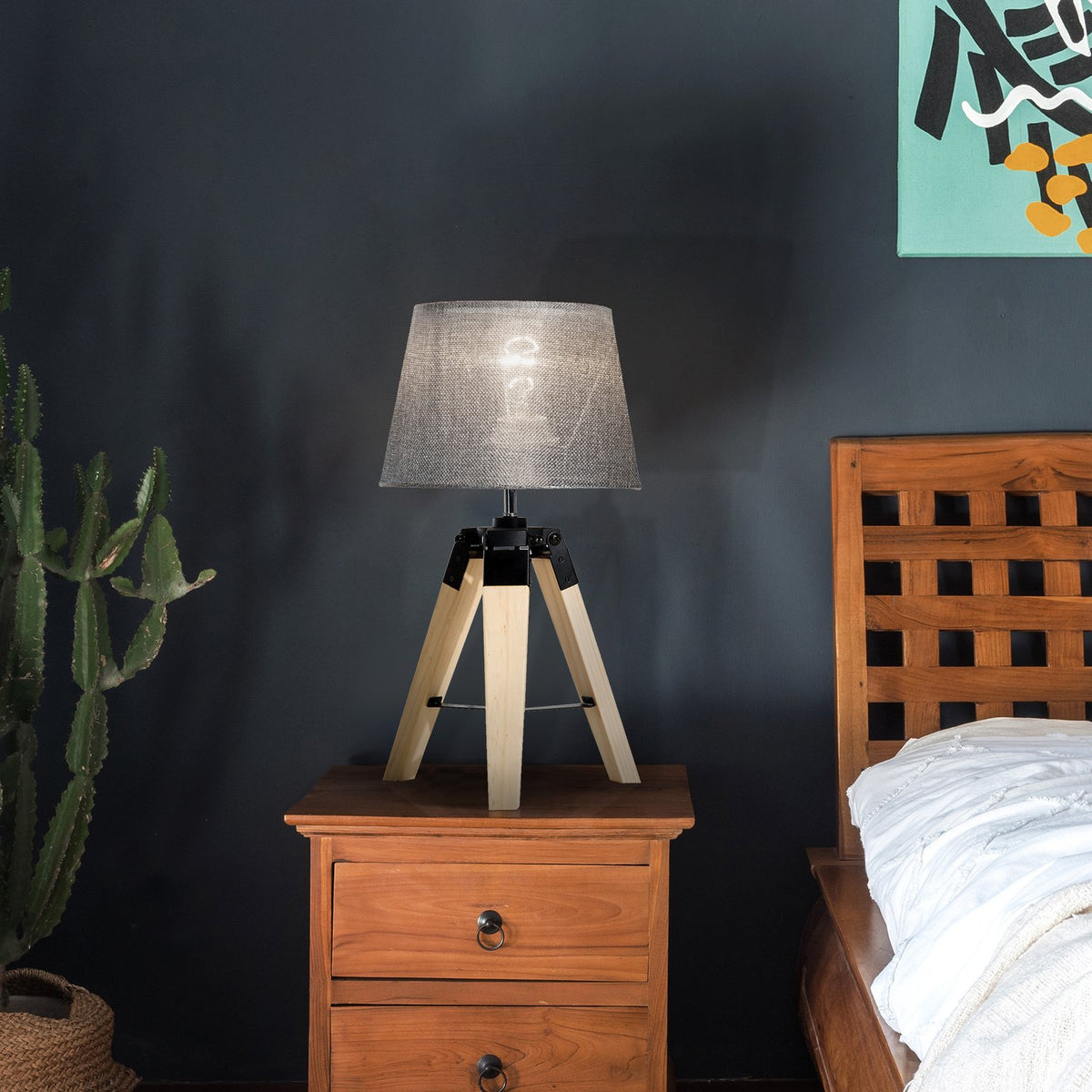Table Lamp Bedside Lamp In Linen Look, E27, Pine & Polyester, Gray, 24X24X45Cm