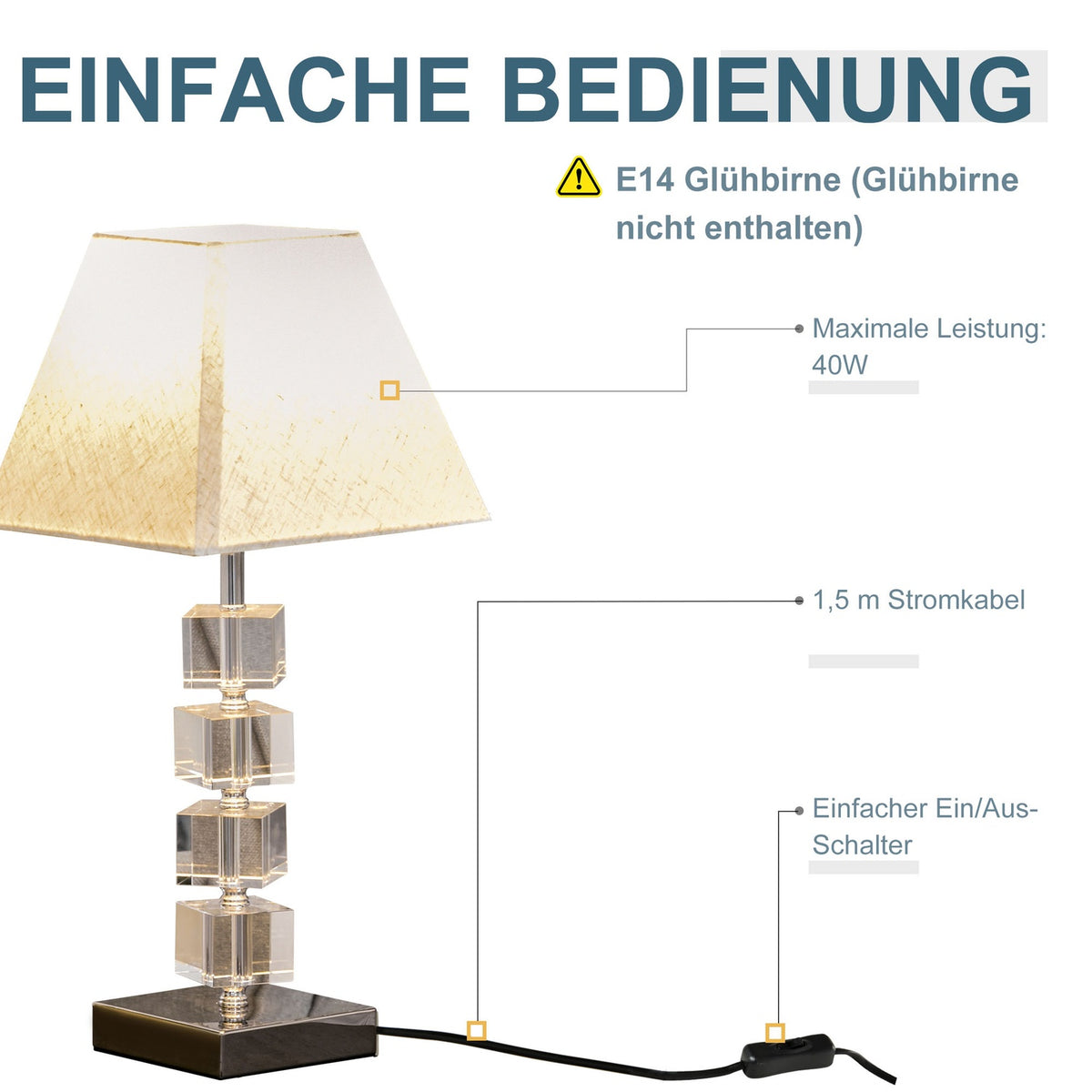 Table Lamp Bedside Lamp With Rotating Crystal Cube & Metal Base, E14, Cream White, 20X20X47Cm