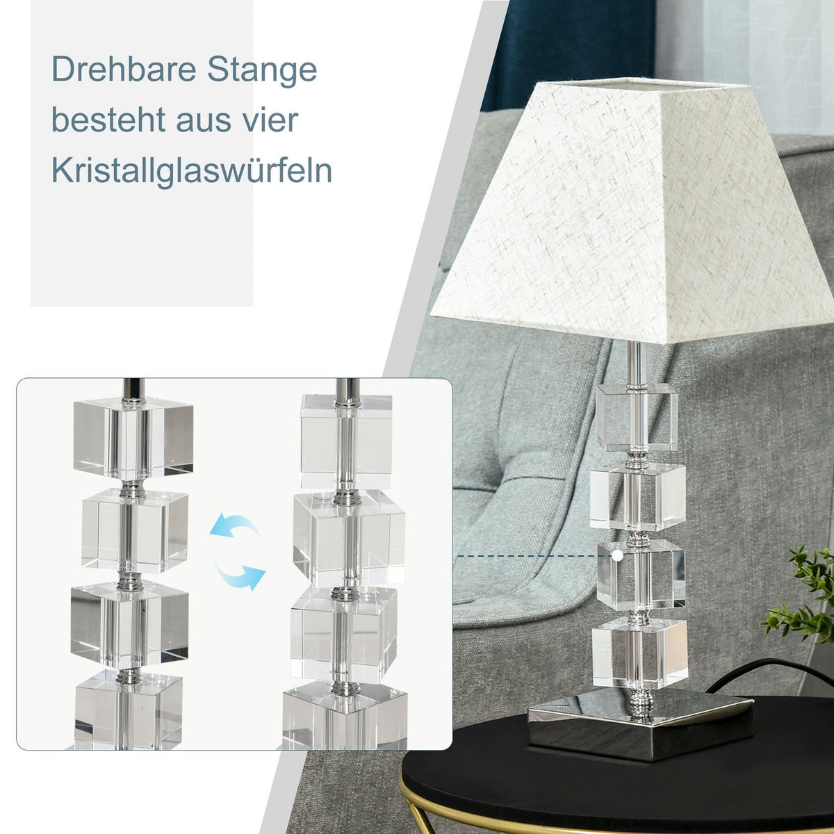Table Lamp Bedside Lamp With Rotating Crystal Cube & Metal Base, E14, Cream White, 20X20X47Cm