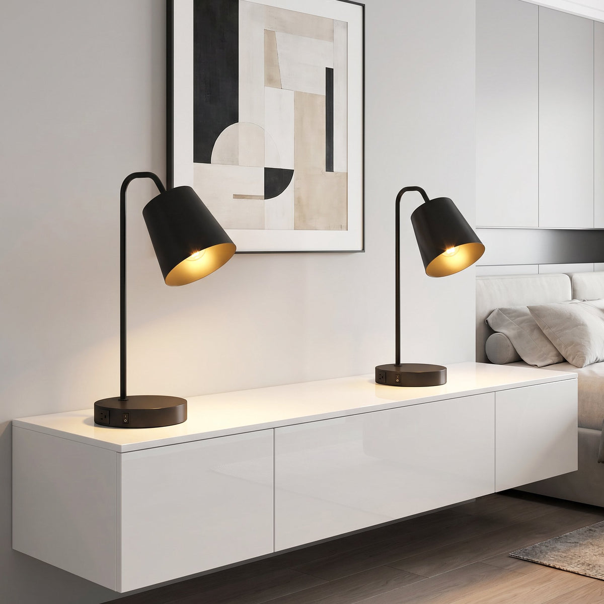 Table Lamp Set Of 2, Black Steel, USB-A/USB-C, E27