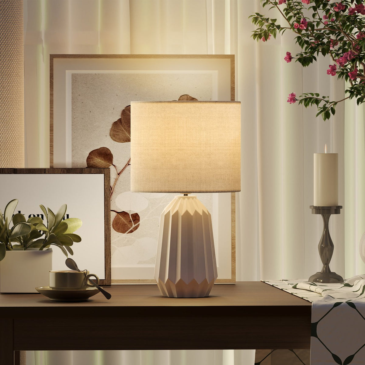 Table Lamp with Linen Shade, 22x22x39 cm, White