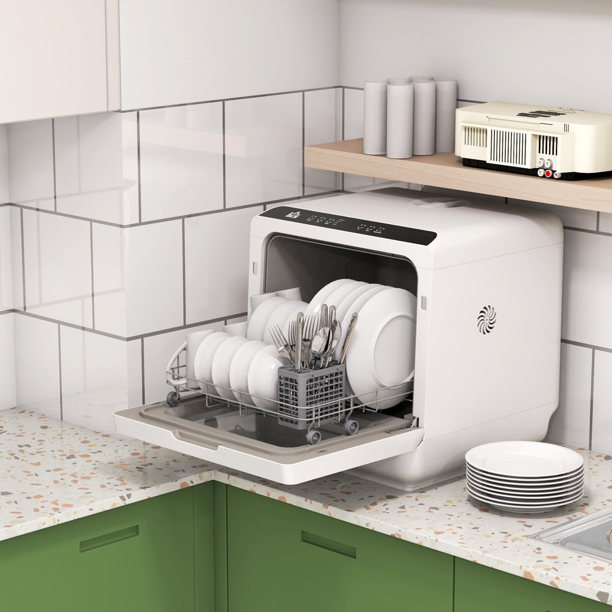 Table dishwasher can be used with/without water connection Mini dishwasher with space for 4 place settings, 6 programs, built-in 6 liter water tank, for office, camping, motorhome, white