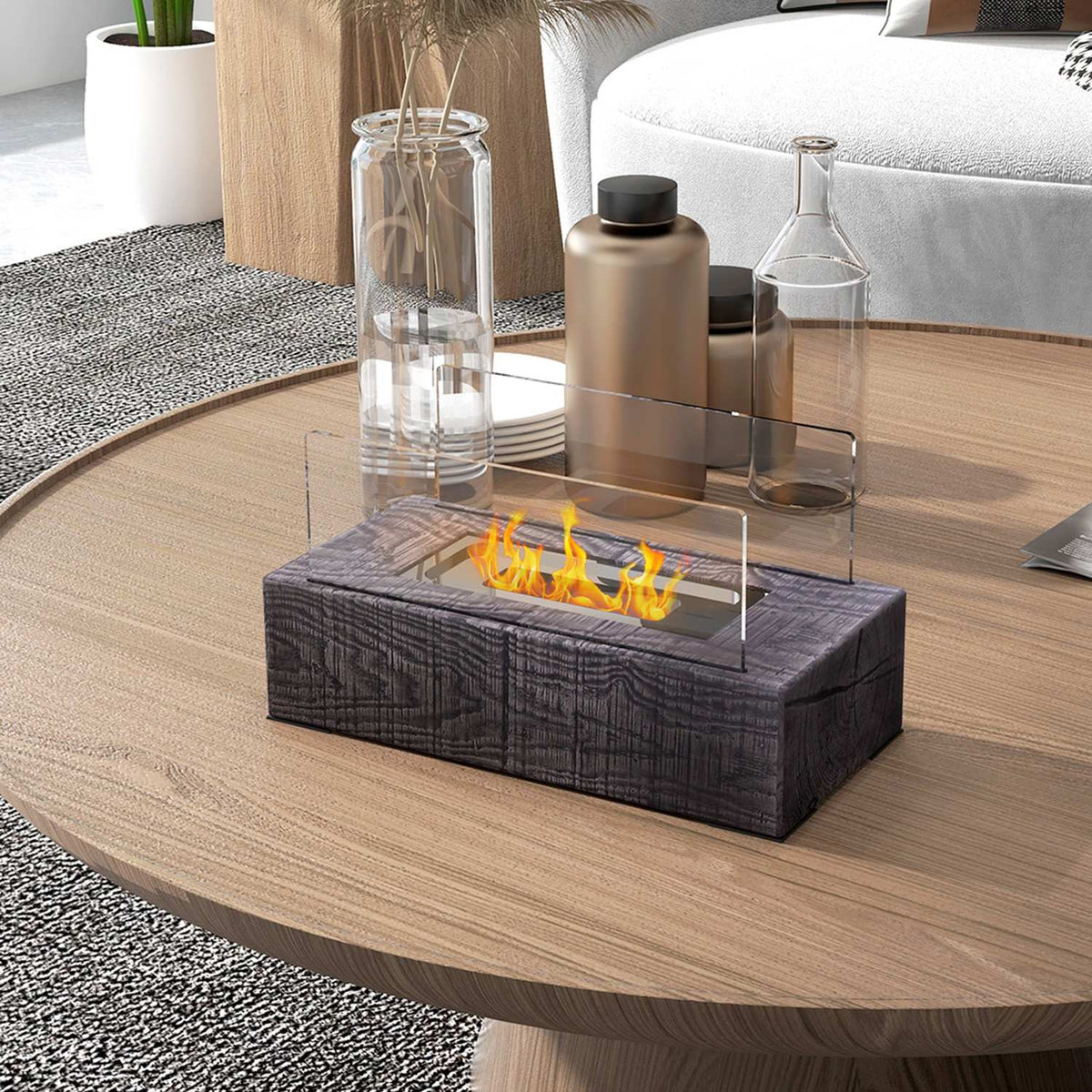 Table fireplace, bio-ethanol fireplace, 0.15 L table fire, portable indoor fireplace with wood look, stainless steel, 1000BTU, 33 x 16 x 18 cm