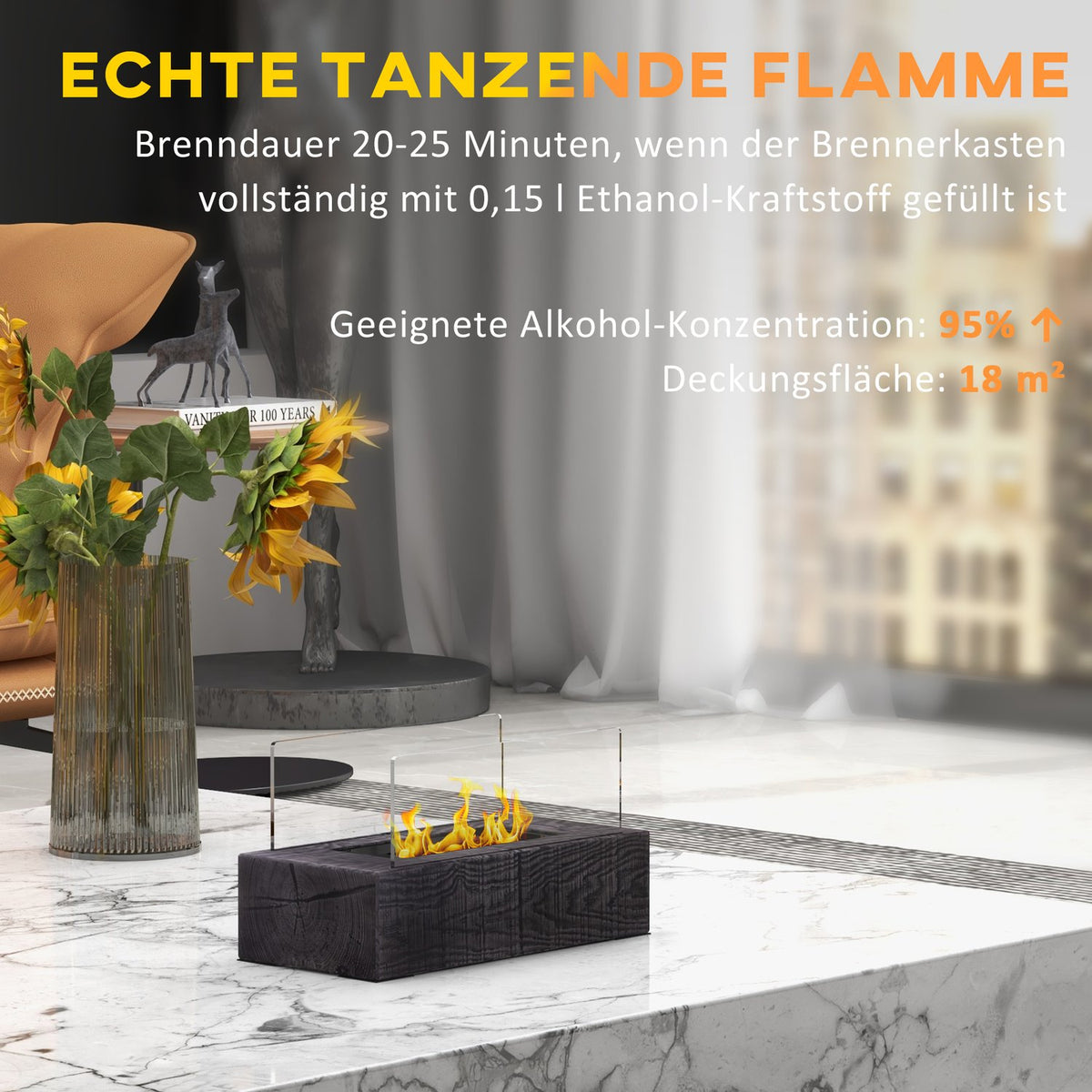 Table fireplace, bio-ethanol fireplace, 0.15 L table fire, portable indoor fireplace with wood look, stainless steel, 1000BTU, 33 x 16 x 18 cm