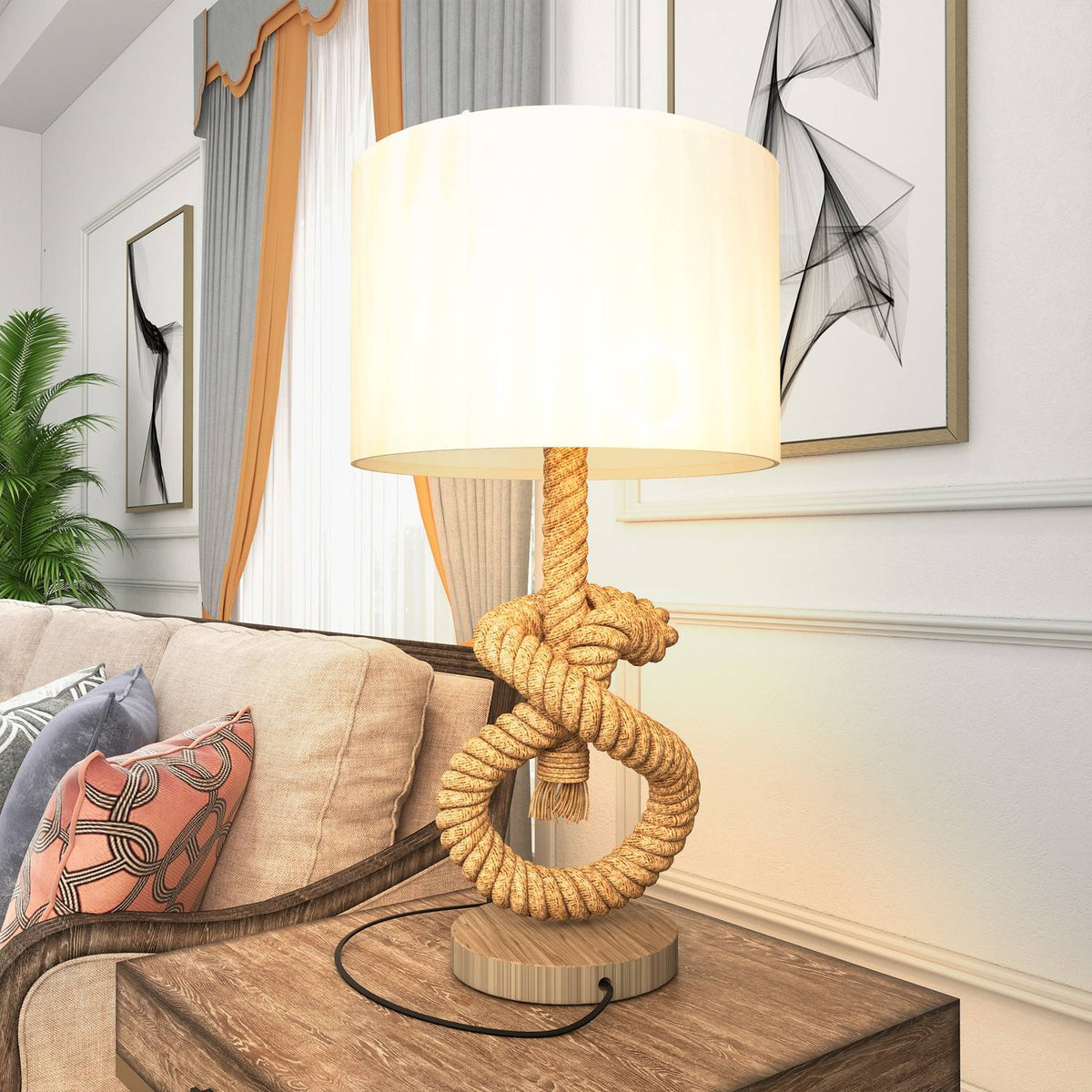 Table lamp LED table lamp USB rechargeable, bedside lamp, lamp base E27, metal linen, cream white 30 x 30 x 55 cm