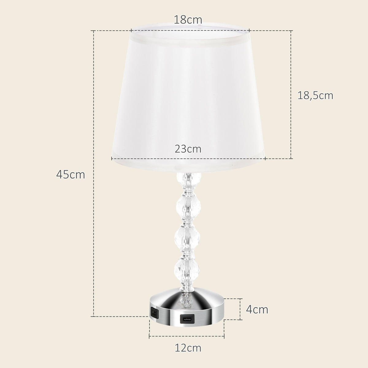 Table lamp LED table lamp USB rechargeable, crystal bedside lamp, lamp base E27, for living room, bedroom, glass, silver 23 x 23 x 45 cm