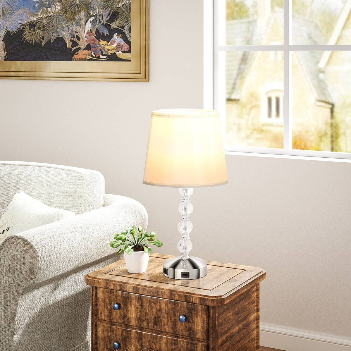 Table lamp LED table lamp USB rechargeable, crystal bedside lamp, lamp base E27, for living room, bedroom, glass, silver 23 x 23 x 45 cm