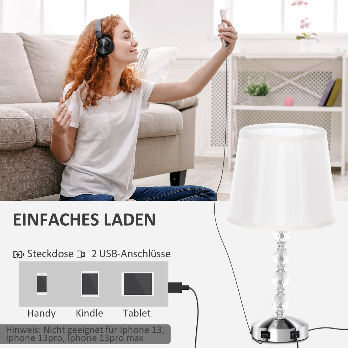 Table lamp LED table lamp USB rechargeable, crystal bedside lamp, lamp base E27, for living room, bedroom, glass, silver 23 x 23 x 45 cm