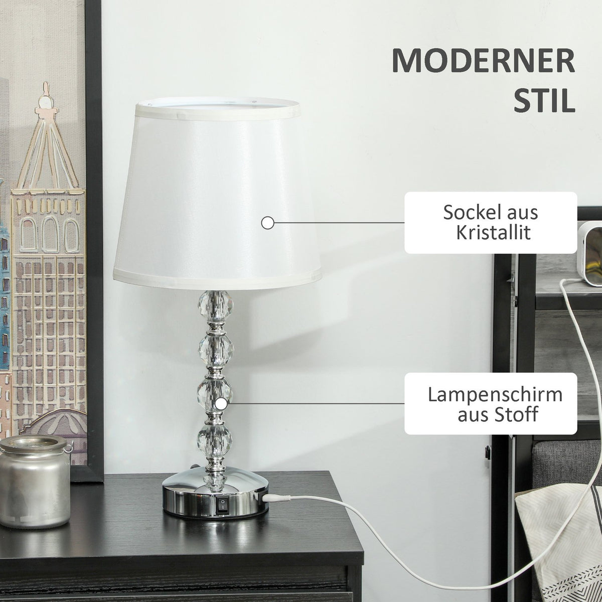 Table lamp LED table lamp USB rechargeable, crystal bedside lamp, lamp base E27, for living room, bedroom, glass, silver 23 x 23 x 45 cm