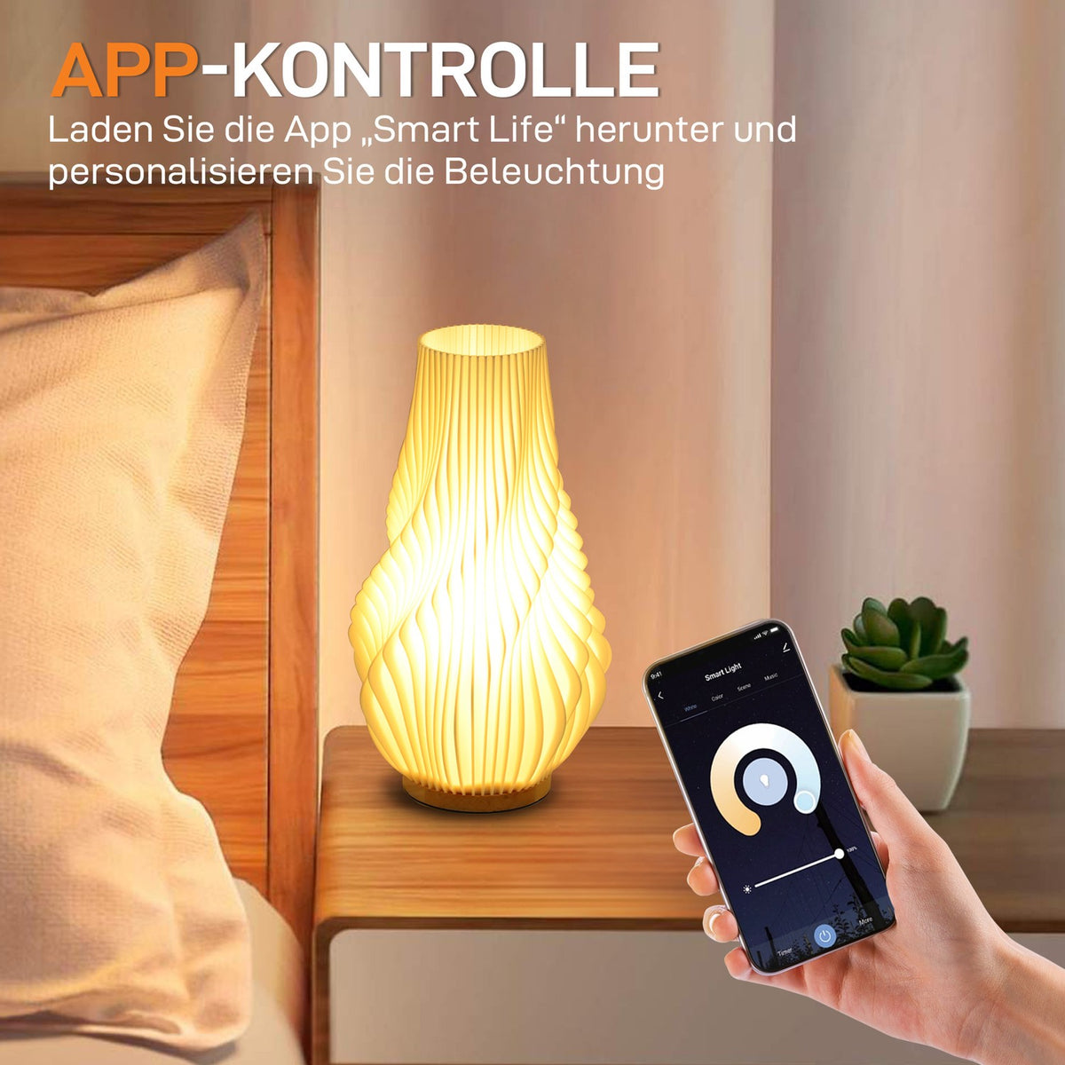 Table lamp, Smart LED table lamp with 3D printing flower-like lampshade, app/voice control, music synchronization, dimmable bedside lamp with Alexa & Google Assistant, white