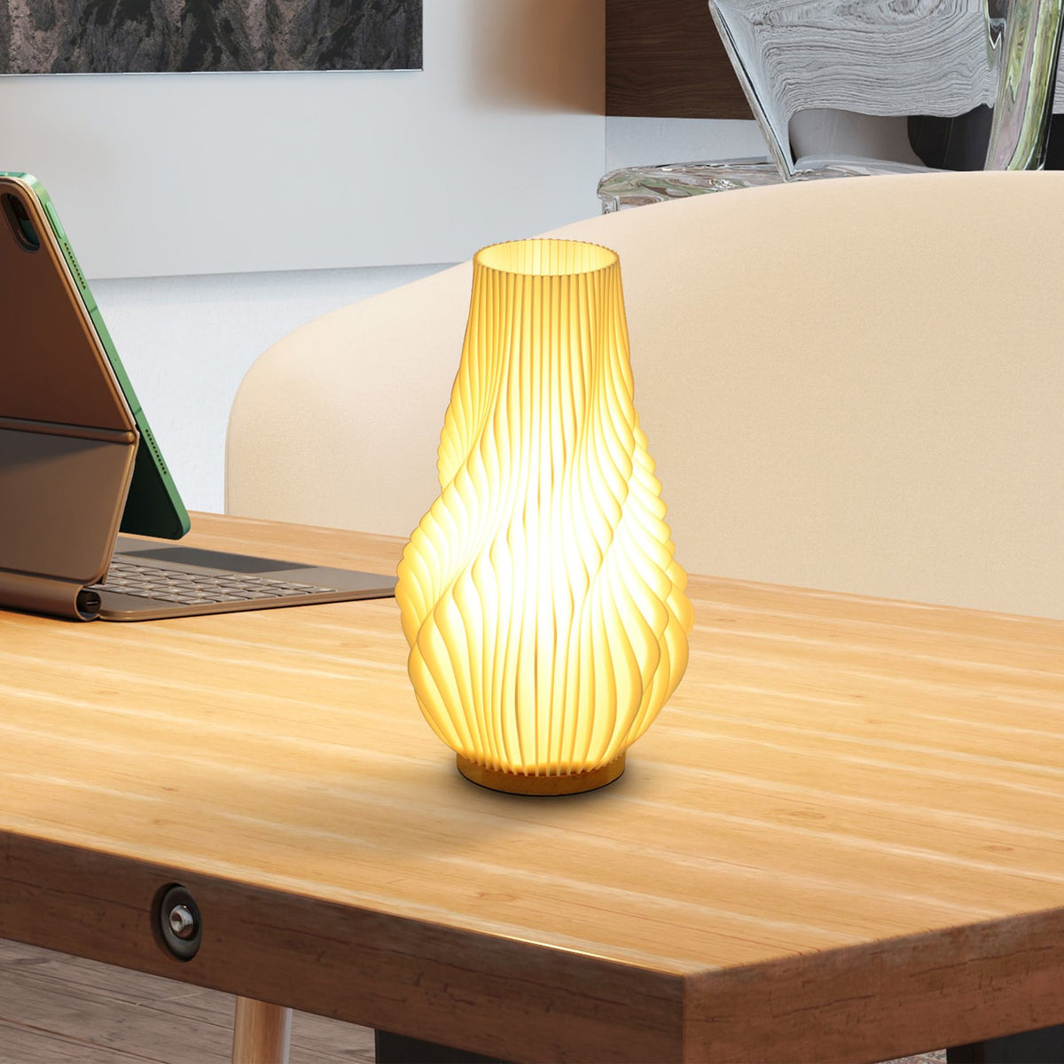Table lamp, Smart LED table lamp with 3D printing flower-like lampshade, app/voice control, music synchronization, dimmable bedside lamp with Alexa & Google Assistant, white