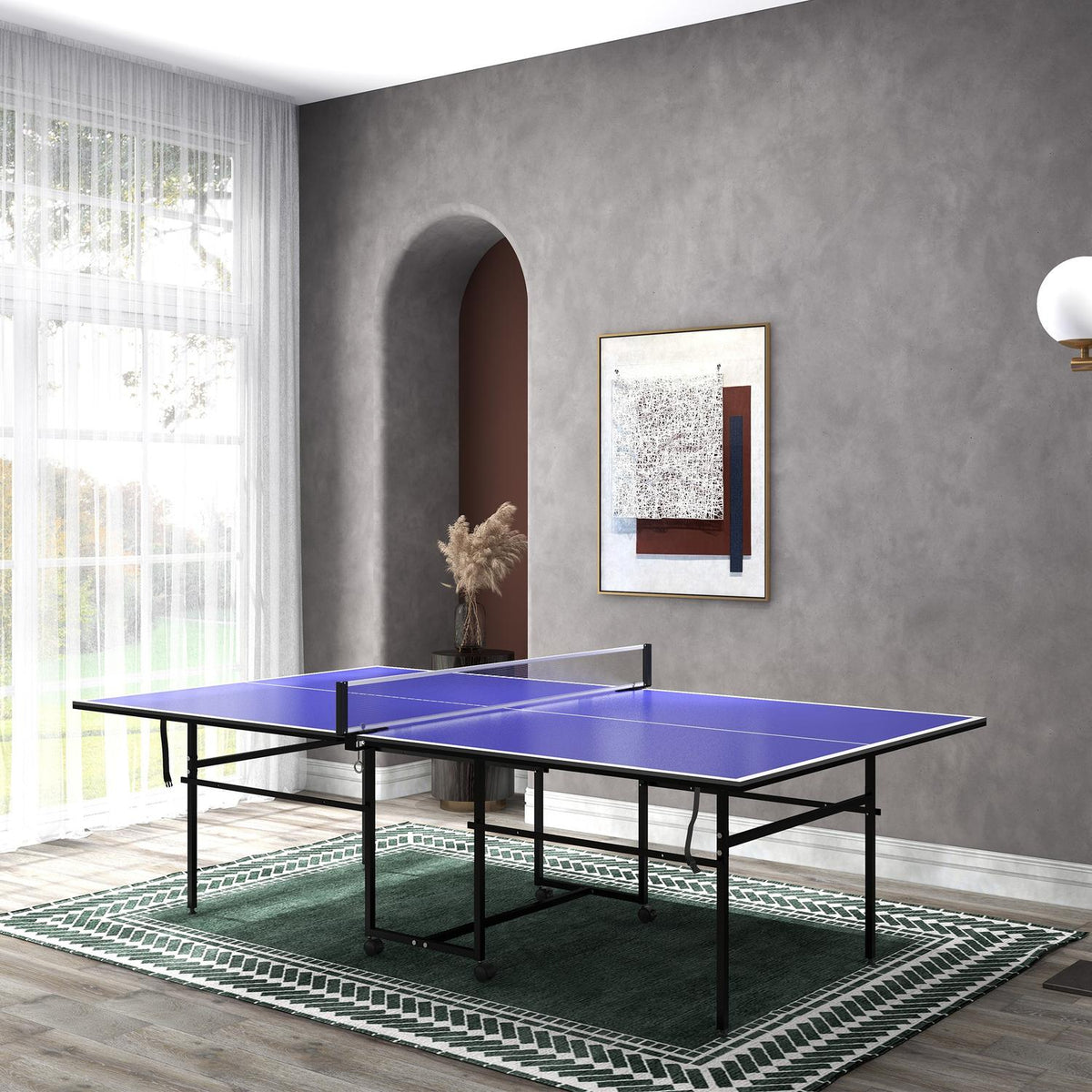 Table tennis table, folding table tennis table in quarters with wheels, table tennis game set with 2 table tennis bats, 3 balls, outdoor indoor steel, blue, 274 x 152.5 x 75.5 cm