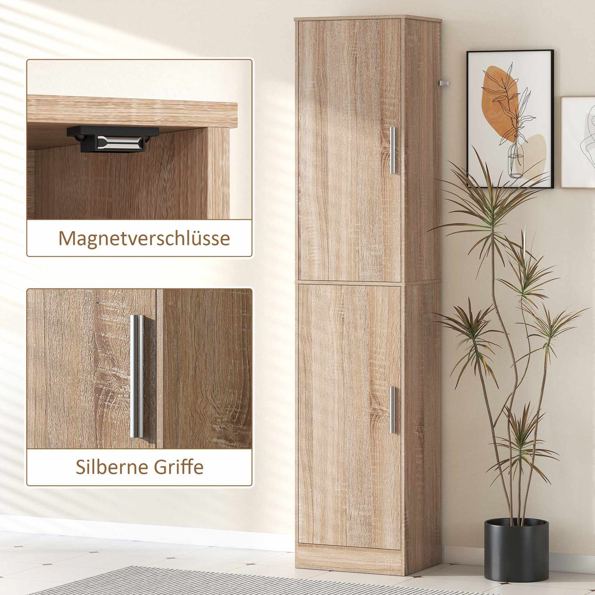 Tall Bathroom Cabinet, Natural Wood, Adjustable Shelves